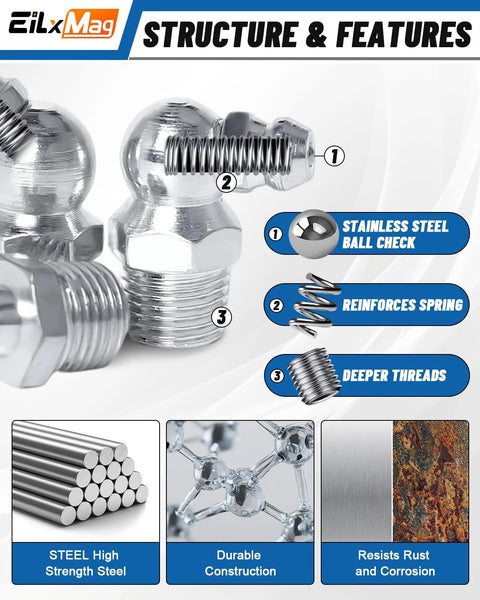EilxMag grease fittings kit with SAE and metric zerk fittings (1/4, 1/8, M6, M8, M10) caps and wrench front view