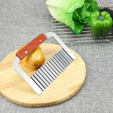 Crinkle Fry Cutter Knife With Stainless Steel Blade And Wooden Handle For French Fries And Veggies Doubles As Fruit And Mushroom Slicer on table