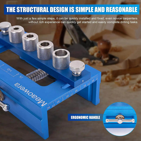 Adjustable Dowel Jig Kit And Biscuit Jointer Set with bushings and ergonomic handle on a woodworking bench