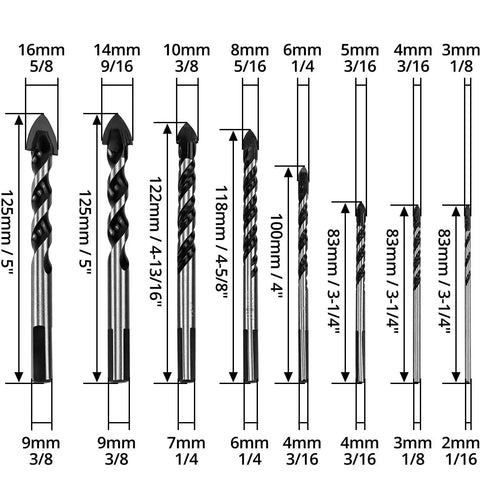 All-In-One 8 Piece Go-To Multi Material Drill Bit Set With Tungsten Carbide Tips for Tile, Concrete, Brick, Glass, Plastic, and Wood