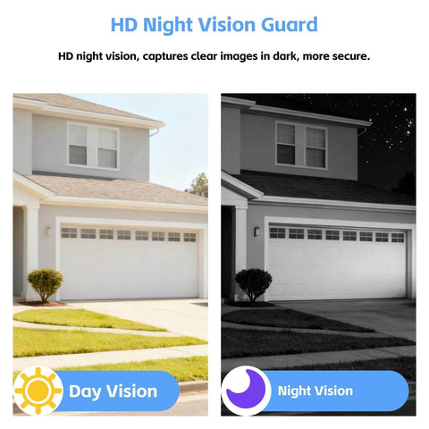 Side-by-side comparison of a house showing day and night vision capabilities for a wireless video doorbell camera.