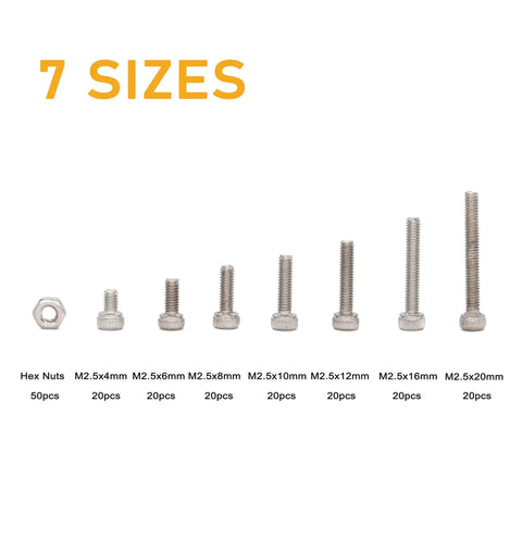 M2.5 Hex Socket Cap Screws And M2.5 Hex Nuts Kit With Wrench, 190 Pcs, 304 Stainless Steel, sizes 4mm to 20mm, 7 sizes shown