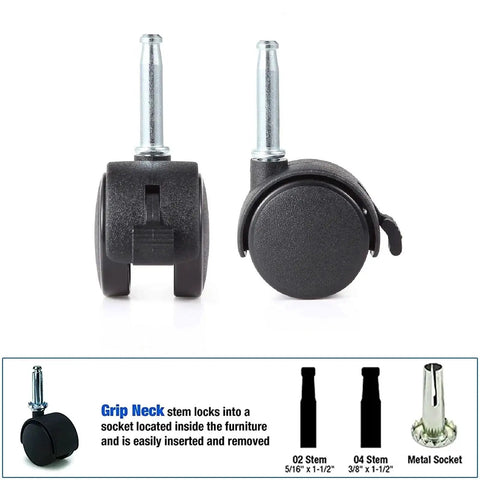 2 Pack Locking Swivel Caster Replacement Wheels For Weber Gas Grill Stem Casters 2.5 Inch Twin Wheel Rubber Caster Wheels With Friction Mount 5/16 X 1-1/2 Inch Pin Stem 55-Lb Load Capacity Per Caster Easy Install, showing front and side view of wheels with grip neck stem.