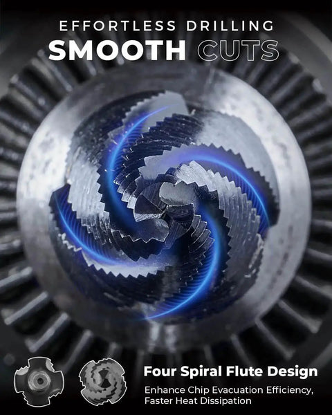 Close-up of Four Spiral Flute Cobalt Step Drill Bit Pro From Toolant 12 Step Size From Three Sixteenth To Seven Eighth Inch Impact Ready Unibit with blue highlights.