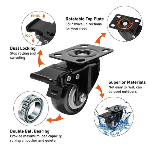 Diagram of 2 Inch Caster Wheels Set Of 4 With 360 Degree Swivel And Brakes, highlighting dual locking, rotatable plate, and materials.