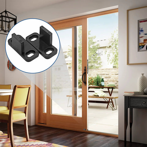 Black Sliding Barn Door Floor Guides made from durable POM plastic for bypass, pocket, closet, and barn doors, installed view.