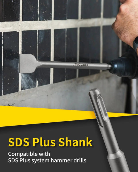 Alloy Steel 4 Piece SDS Plus Chisel Set For Demolition And Tile Removal Includes Point 10 Inch Flat 0.8 Inch Wide 10 Inch Scaling 1.6 Inch Wide 10 Inch Tile 3 Inch Wide 10 Inch Firecore Compatible For Rotary Hammer Drills in use on tiled wall.