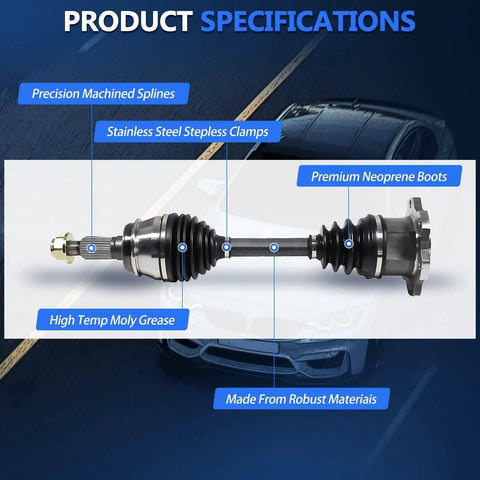 Chevy Silverado 1500 Front CV Axle Pair with precision machined splines, stainless steel clamps, and premium neoprene boots