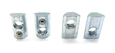 Roll-In T-Nut With Ball Spring 5/16-18, 24 Pack, showing different angles of 15 Series aluminum extrusion compatible fasteners for CNC and DIY
