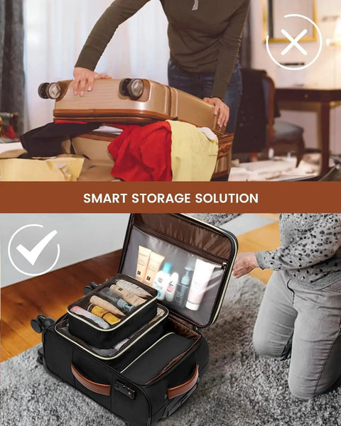 Comparison of messy suitcase and organized Airline Ready Luggage Set with Rolling Suitcases and 40L Laptop Backpack LoveVOOK.