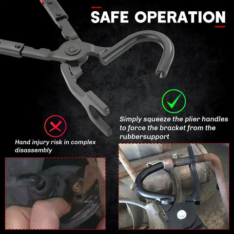 Exhaust Hanger Removal Tool For Mufflers With Rubber Bracket Separation Pliers demonstrating use on exhaust system.