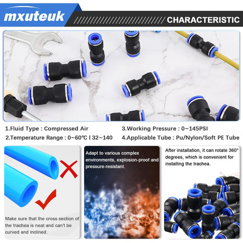 mxuteuk 110pcs quick-connect air hose fittings; black push-to-connect adapters with blue rings for 4/6/8/10/12mm tubes