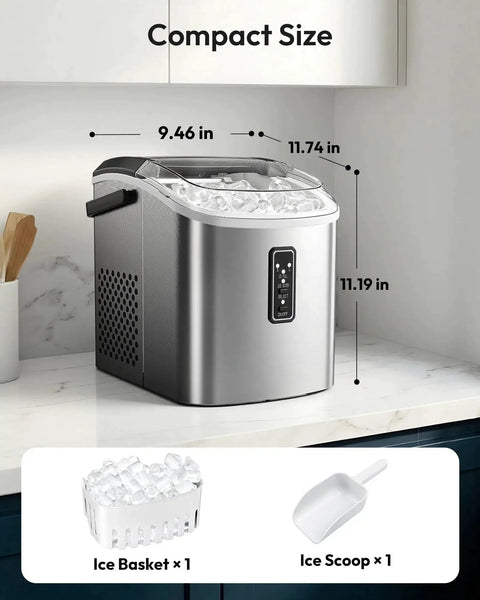 Countertop Ice Maker 9 Cubes In 6 Minutes Portable Self Cleaning Two Ice Sizes, compact design on kitchen counter with scoop and basket