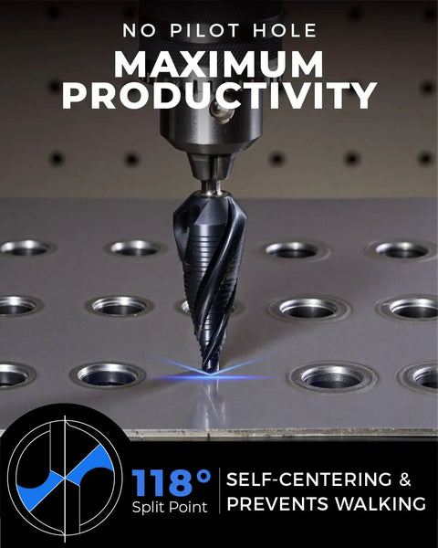 Four Spiral Flute Cobalt Step Drill Bit Set Pro Max in action on metal plate, showcases maximum productivity feature.