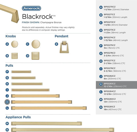 Champagne Bronze Cabinet Pull From Blackrock Collection For Cabinets And Furniture With 11 Inch Overall Length And About 10 Inch Center To Center Mounting By Amerock, showing product lineup with knobs and pulls.