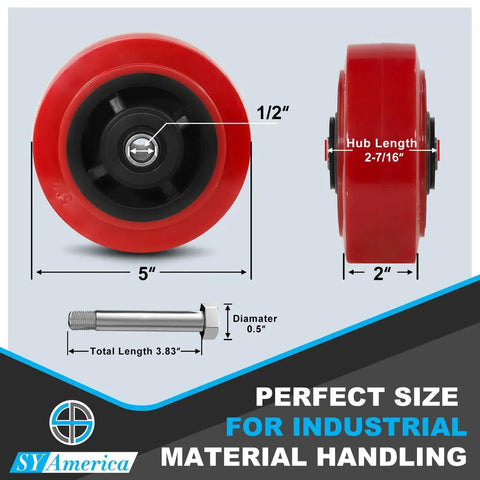 Five Inch By Two Inch Polyurethane Caster Wheels Set Of Four Heavy Duty Polyolefin Core Industrial Caster Wheels With 3200 Lbs Load Capacity For Warehousing And Material Handling Ideal For Carts Dollies And Heavy Equipment On Concrete with dimensions and hardware.