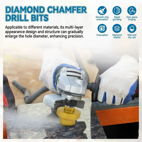 Person using a power tool with a diamond chamfer drill bit on a stone surface, close-up of grinding process.