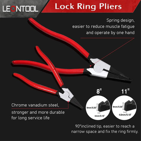 Heavy Duty Lock Ring Pliers Set 2 Piece Flat Snap Ring Pliers For Circlip Rings Reverse Retaining Ring Pliers with red handles.