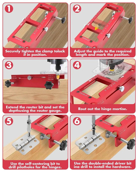 Illustrated steps showing Door Hinge Jig And Door Lock Installation Kit Pro Combo Aluminum Router Template use for hinge mortising.