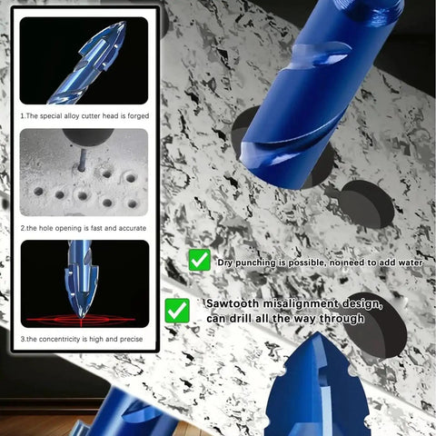 Close-up of Serrated Masonry Drill Bit Set Eight Pack Sizes Quarter To Nine Sixteenths Inch drilling holes in concrete.