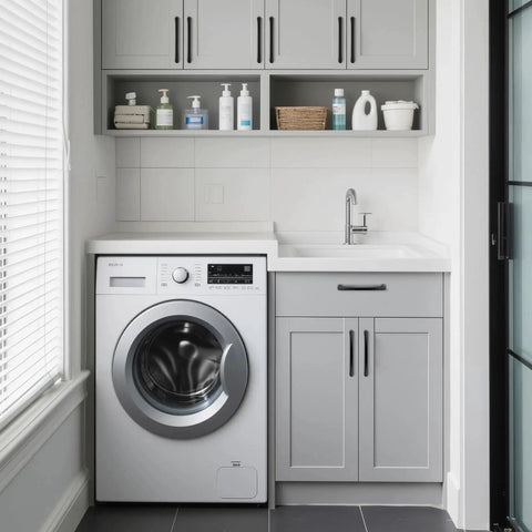 Laundry room with gray cabinets featuring Ten Pack 5 Inch 128mm Hole Center Matte Black Cabinet Pulls Solid Zinc Alloy Drawer Handles installed.