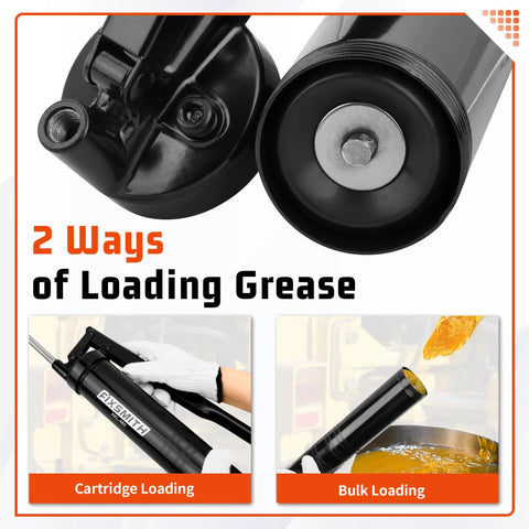 FIXSMITH professional lever-action grease gun with 12in reinforced hose and 7in extension; cartridge or bulk loading