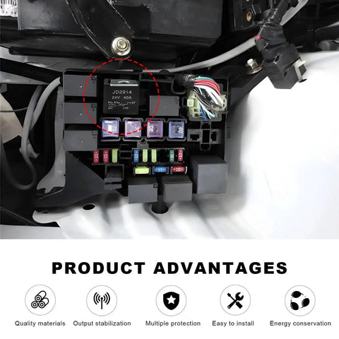 4 Pack JD2914 Car Relay Harness 24V 40 Amp 5 Pin SPDT Automotive Relay installed in a vehicle fuse box with color labeled wires