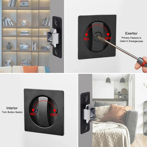 Pocket Door Privacy Lock 2 Pack With Flush Handles And Recessed Knob 2 3 8 Backset Fits 1 3 8 To 2 3 16 Door Thickness Left Or Right Handed Matte Black Square Edge Pull Included For Bed And Bath Privacy showing lock features and installation.