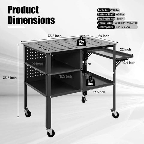 36 Inch By 24 Inch Beefy Heavy Duty Welding Table On Wheels With 1200 Pound Capacity Mobile Steel Workbench With Adjustable Shelves Fold Down Side Tray Large Lower Storage Tray For Shop Or Garage, showcasing product dimensions and features.