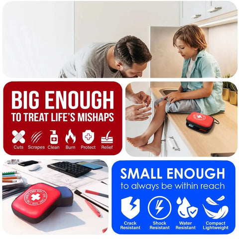 Compact Family Friendly Mini First Aid Kit With Carabiners For Grab And Go Travel And Everyday Use 180 Pcs in kitchen setting