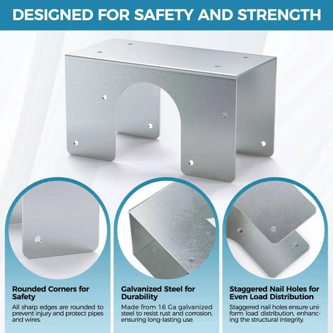 Image showing a stud shoe made of 16-gauge galvanized steel, 6.25 inch height, 3 inch width, for double 2X studs, fits pipes up to 2 3/8 inch OD.