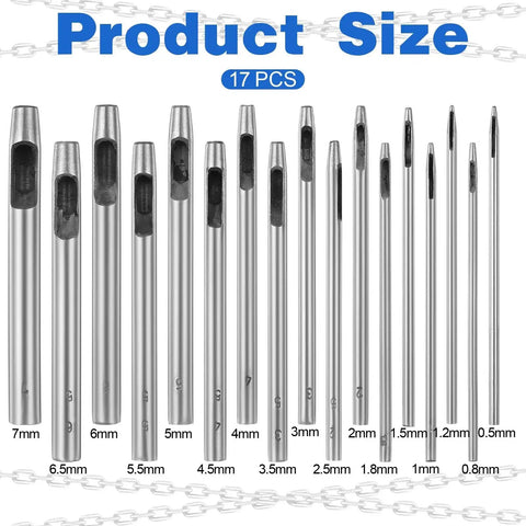 Leather Hole Punch Kit 0.5-7mm 17-Piece Round Hollow Punch Set For Belts and More, showing various punch sizes from 0.5 to 7mm