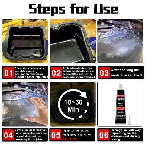 Steps for using Beefed-Up High Temperature RTV Silicone Gasket Maker Sealant Black for engine components assembly.