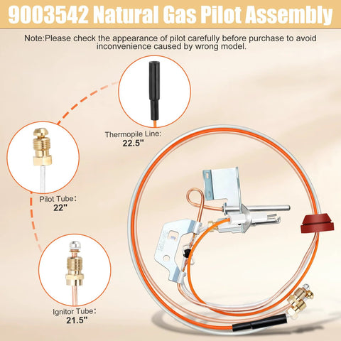 Natural gas pilot assembly for water heater with 22.5in thermopile line, 22in pilot tube, and 21.5in ignitor tube
