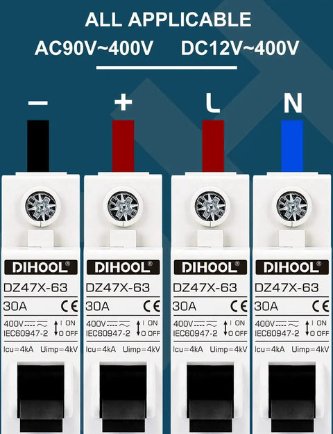 Four Two Pack AC DC Miniature Circuit Breakers 30 Amp with connections for 12-400V displayed against a blue background.