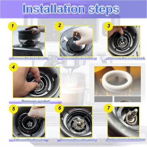 6-piece felt washer replacement set for Breville espresso grinders; compatible with BES870 BES878 BES880 BES980 BCG820; installation steps diagram
