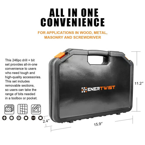 Image showing the All-In-One 246-Piece Drill Bit and Driver Set for Wood, Metal, Concrete Drilling and Screw Driving With Plastic Carrying Case by EnerTwist ET-DBA-246.