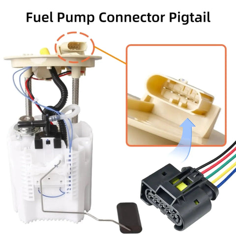 Dodge Fuel Pump Connector Pigtail Harness Plug N Play 5 Pin 12 Inch 18 Gauge Tinned Copper Wire Replacement For Challenger Charger Magnum 2005-2023 And Chrysler 300 2005-2023 72182609365 with detail view of connectors and wiring.