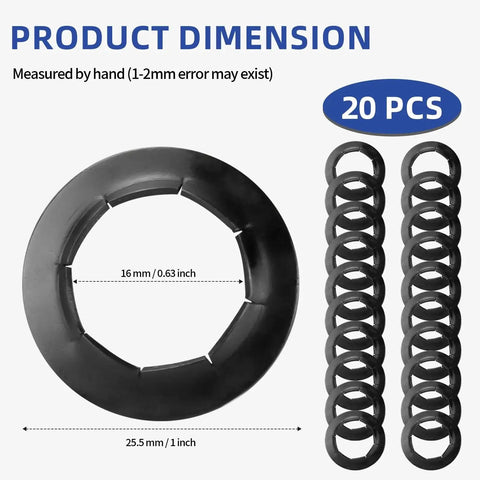 Five Eighth Inch Wheel Lock Washers For Axle Rods 20 Pcs Manganese Steel, black zinc, showing dimensions and quantity