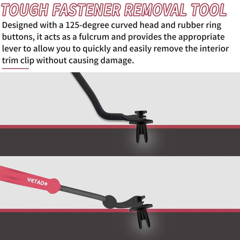 Close-up of a tough fastener removal tool with a curved head and rubber button for trim removal in car interiors.