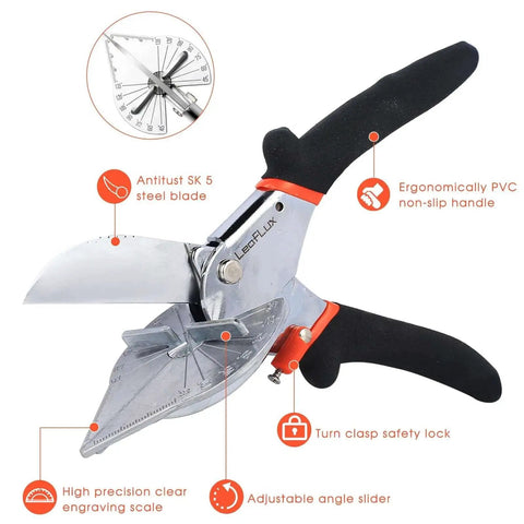 Adjustable 45 To 135 Degree Miter Shears For Wood Trim And Molding, Multi Angle Handheld Tool with SK5 blade and PVC handle by LeafLux LFXP3101S.