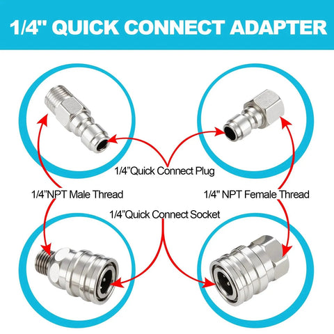 Premium 4 Piece Pressure Washer Quick Connect Fittings Set With One Quarter Inch NPT Female And Male Threads Stainless Steel Hose Adapters