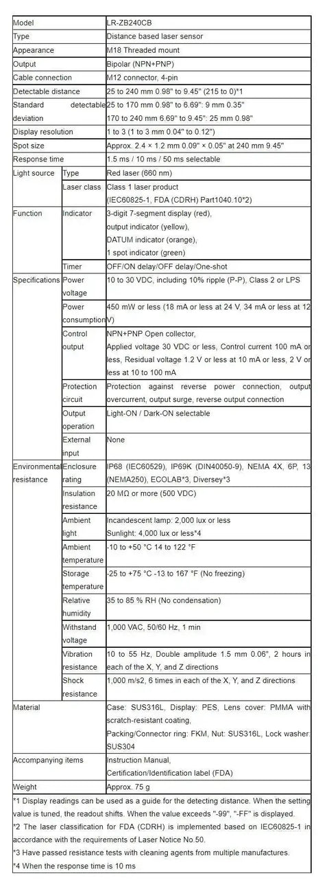 LR-ZB240CB Laser Sensor specifications for industrial automation and precision, non-contact distance measurement details.