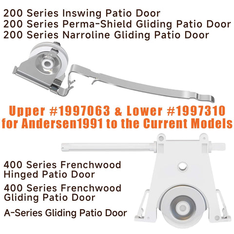 Upper Sliding Screen Door Rollers Replacement Part 1997063 with 1-1/4 Inch Nylon Concave Wheels shown with compatibility list.