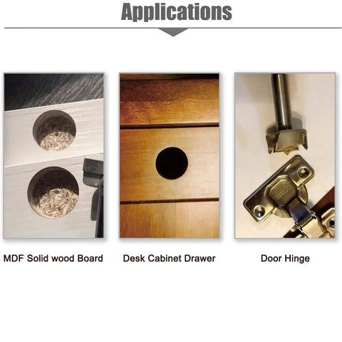 Applications of Beefy 90mm Tungsten Carbide Forstner Drill Bit For Wood And Plastic with holes in MDF, cabinet, and door hinge.