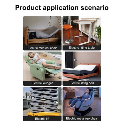 Grid showing six uses for heavy duty electric linear actuator slide block: medical chair, lifting table, lounger, bed, lift, massage chair.