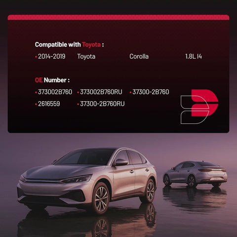 Two cars parked with text overlay detailing compatibility of Alternator Direct Fit For Toyota Corolla 2014 2019 1.8L L4 Engine Replacement.