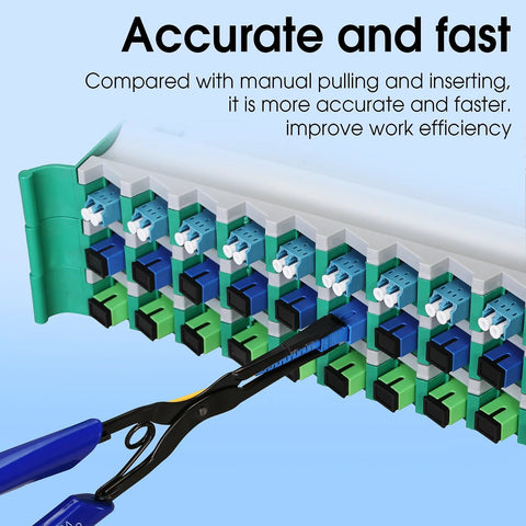 BAOSHLA optical fiber pliers with long nose beside a high-density patch panel with blue and green connectors