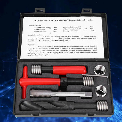 M18x1.5 Thread Repair Kit 10Pcs Stainless Steel For Cars And Aluminum Twisted Drill Wrench Threaded Inserts Pro Grade Fix For Damaged Holes Easy Economical Repair in black case