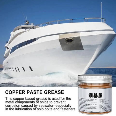 Copper Thread Grease Anti Seize Lubricant For Brake Systems And Metal Fasteners High Temp Top Notch Formula With Brush Prevent Seizing Stuck Bolts And Threads 100g shown in jar with yacht background.